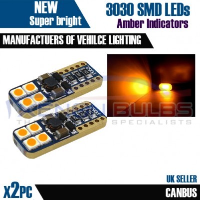 2x T10 W5W 501 3030 8 SMD BRIGHT AMBER BULBS CANBUS INDICATOR SIDE REPEATORS